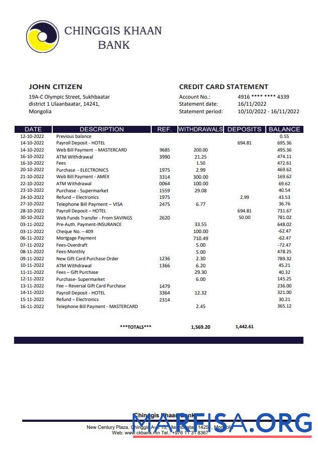 Downloadable Mongolia Chinggis Khaan bank statement word sample